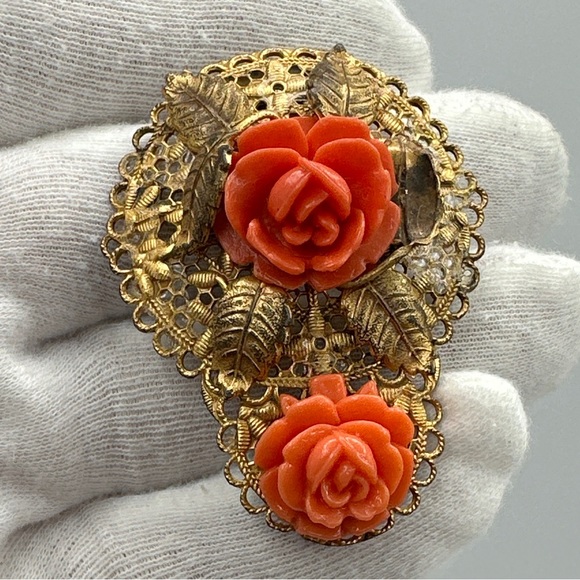 Antique Scarf Clip/brooch Celluloid Coral and Brass #414 - Picture 7 of 7